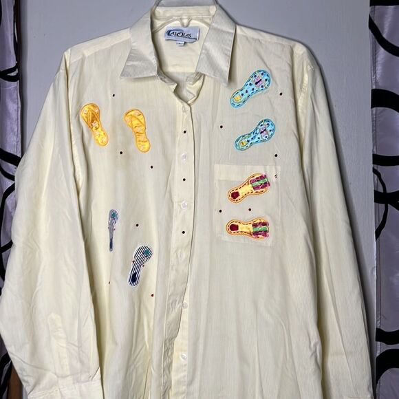 90s vintage Las Olas Sequin Embroidered flip-flop button-down long sleeve shirt - Picture 2 of 10